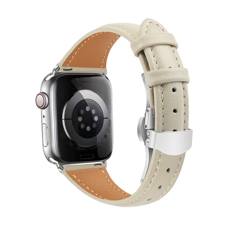 For Apple Watch SE 2023 44mm Plain Leather Butterfly Buckle Watch Band(Beige+Silver) by bashfashion