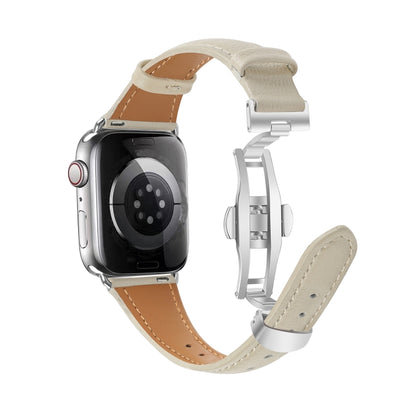 For Apple Watch SE 2023 44mm Plain Leather Butterfly Buckle Watch Band(Beige+Silver) by bashfashion