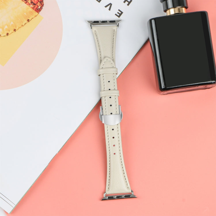 For Apple Watch SE 2023 44mm Plain Leather Butterfly Buckle Watch Band(Beige+Silver) by bashfashion