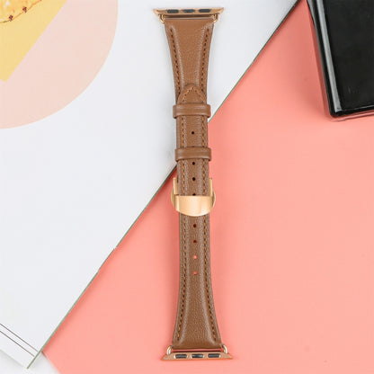 For Apple Watch SE 2023 44mm Plain Leather Butterfly Buckle Watch Band(Dark Brown+Rose Gold) by bashfashion