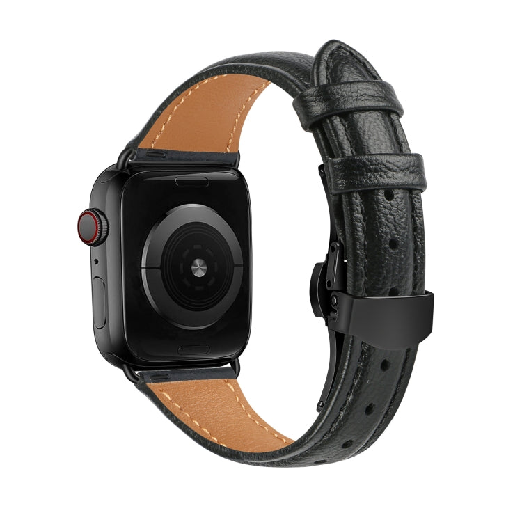 For Apple Watch SE 2023 44mm Plain Leather Butterfly Buckle Watch Band(Black+Black) by bashfashion