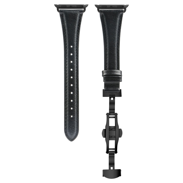 For Apple Watch SE 2023 44mm Plain Leather Butterfly Buckle Watch Band(Black+Black) by bashfashion