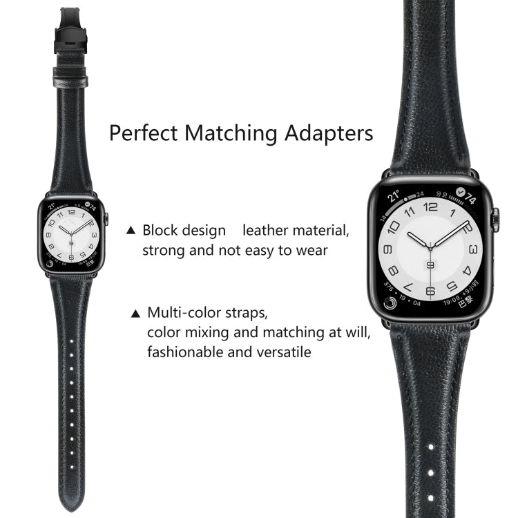 For Apple Watch SE 2023 44mm Plain Leather Butterfly Buckle Watch Band(Black+Black) by bashfashion