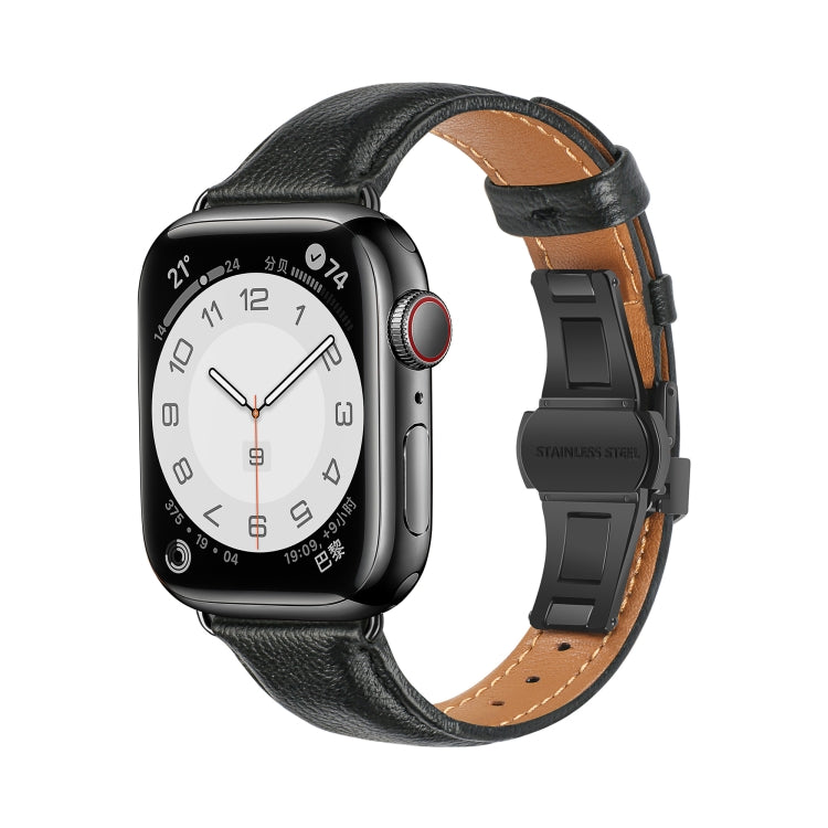 For Apple Watch SE 2023 40mm Plain Leather Butterfly Buckle Watch Band(Black+Black) by bashfashion