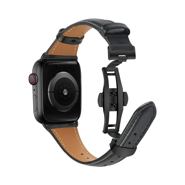 For Apple Watch SE 2023 40mm Plain Leather Butterfly Buckle Watch Band(Black+Black) by bashfashion
