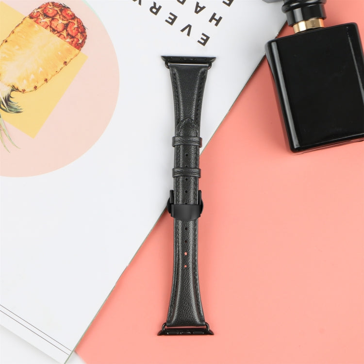For Apple Watch SE 2023 40mm Plain Leather Butterfly Buckle Watch Band(Black+Black) by bashfashion