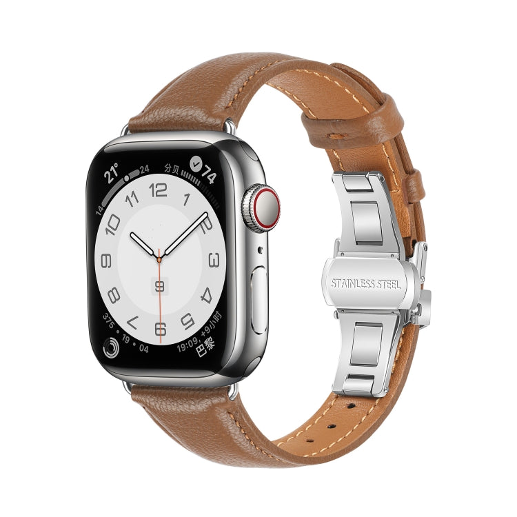 For Apple Watch Ultra 2 49mm Plain Leather Butterfly Buckle Watch Band(Dark Brown+Silver) by bashfashion