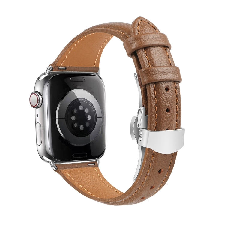 For Apple Watch Ultra 2 49mm Plain Leather Butterfly Buckle Watch Band(Dark Brown+Silver) by bashfashion