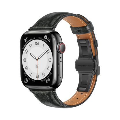 For Apple Watch Ultra 2 49mm Plain Leather Butterfly Buckle Watch Band(Black+Black) by bashfashion