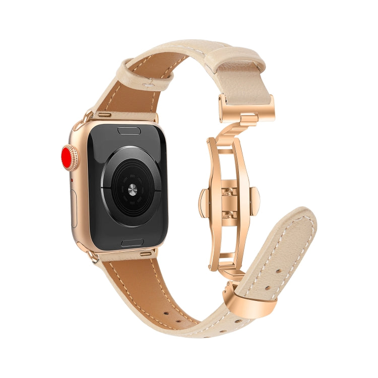 For Apple Watch Ultra 2 49mm Plain Leather Butterfly Buckle Watch Band(Apricot+Rose Gold) by bashfashion