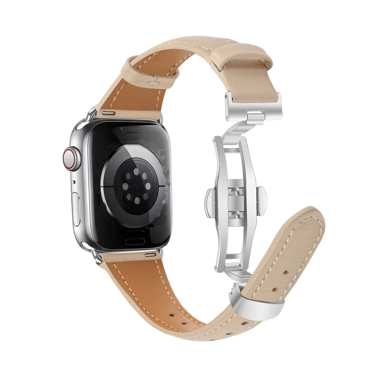 For Apple Watch Series 9 41mm Plain Leather Butterfly Buckle Watch Band(Apricot+Silver) by bashfashion