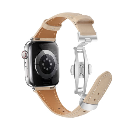 For Apple Watch Series 9 41mm Plain Leather Butterfly Buckle Watch Band(Apricot+Silver) by bashfashion