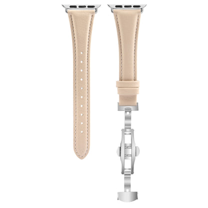 For Apple Watch Series 9 41mm Plain Leather Butterfly Buckle Watch Band(Apricot+Silver) by bashfashion