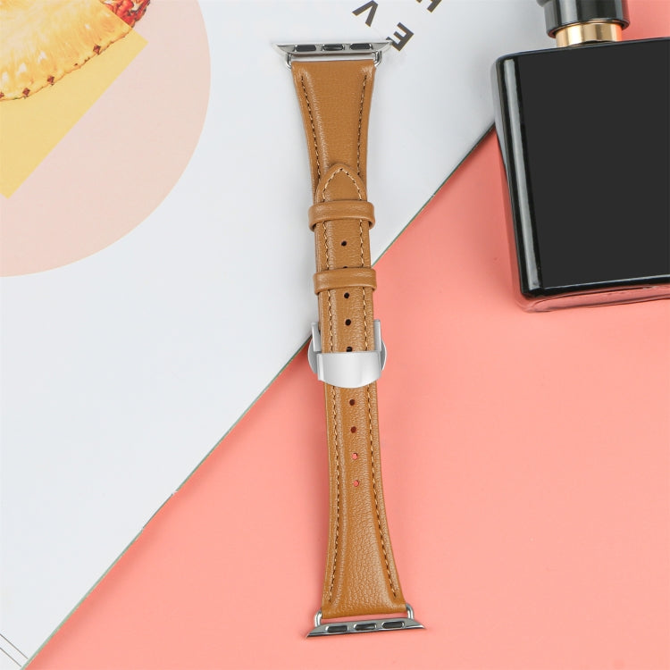 For Apple Watch Series 9 41mm Plain Leather Butterfly Buckle Watch Band(Brown+Silver) by bashfashion