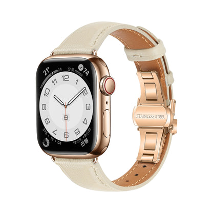 For Apple Watch Series 9 41mm Plain Leather Butterfly Buckle Watch Band(Beige+Rose Gold) by bashfashion