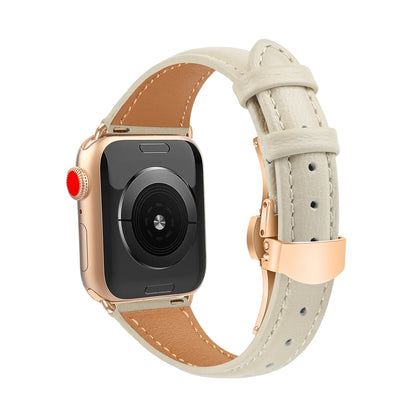 For Apple Watch Series 9 41mm Plain Leather Butterfly Buckle Watch Band(Beige+Rose Gold) by bashfashion
