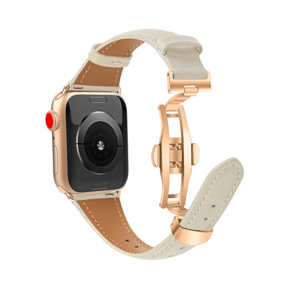 For Apple Watch Series 9 41mm Plain Leather Butterfly Buckle Watch Band(Beige+Rose Gold) by bashfashion