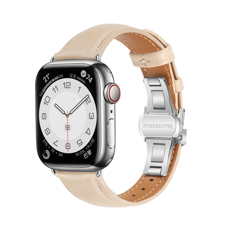 For Apple Watch Ultra 49mm Plain Leather Butterfly Buckle Watch Band(Apricot+Silver) by bashfashion