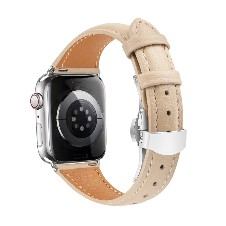 For Apple Watch Ultra 49mm Plain Leather Butterfly Buckle Watch Band(Apricot+Silver) by bashfashion
