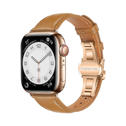 For Apple Watch Ultra 49mm Plain Leather Butterfly Buckle Watch Band(Brown+Rose Gold) by bashfashion