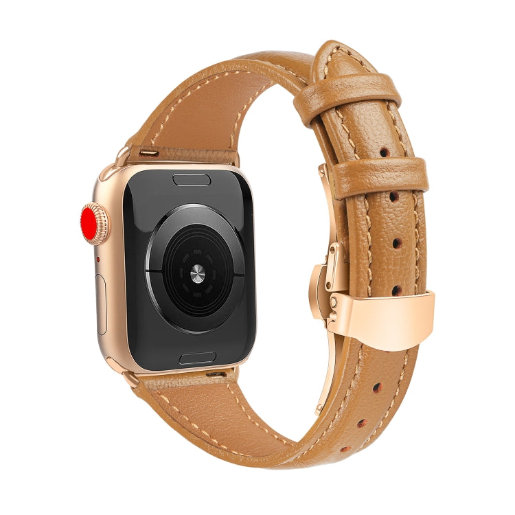 For Apple Watch Ultra 49mm Plain Leather Butterfly Buckle Watch Band(Brown+Rose Gold) by bashfashion