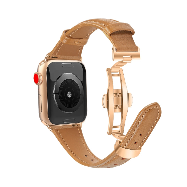 For Apple Watch Ultra 49mm Plain Leather Butterfly Buckle Watch Band(Brown+Rose Gold) by bashfashion