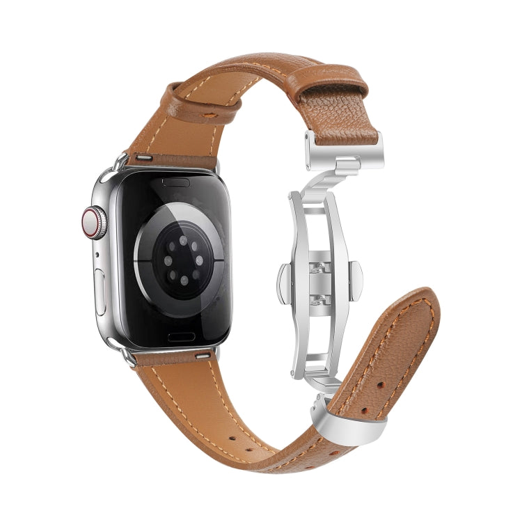 For Apple Watch Series 8 45mm Plain Leather Butterfly Buckle Watch Band(Dark Brown+Silver) by bashfashion