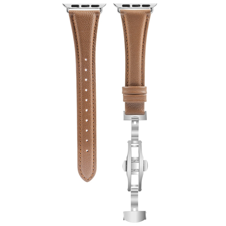 For Apple Watch Series 8 45mm Plain Leather Butterfly Buckle Watch Band(Dark Brown+Silver) by bashfashion