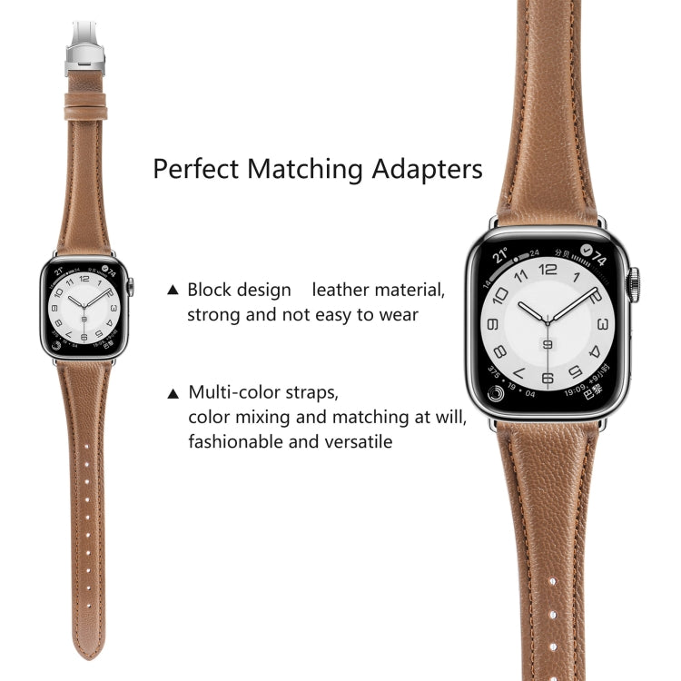 For Apple Watch Series 8 45mm Plain Leather Butterfly Buckle Watch Band(Dark Brown+Silver) by bashfashion
