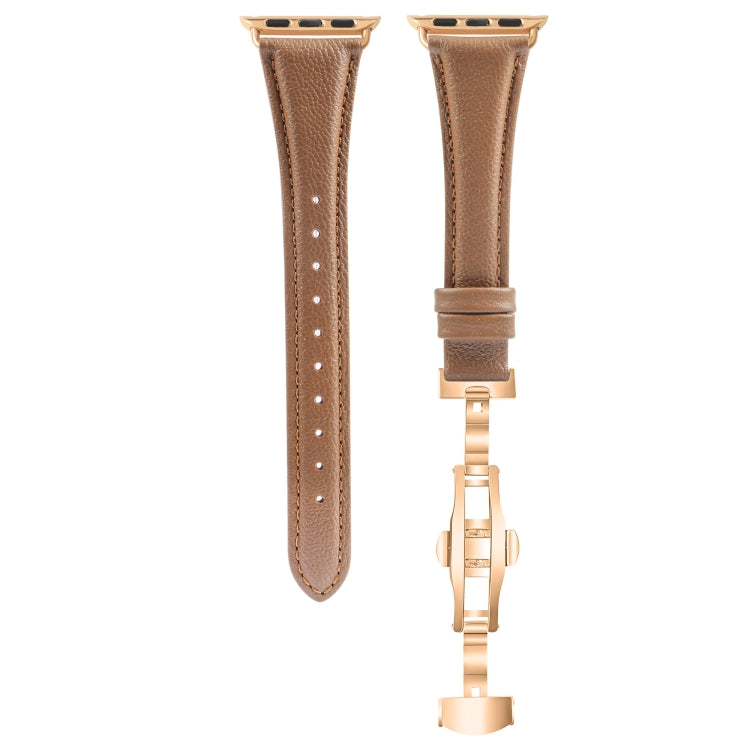 For Apple Watch Series 8 45mm Plain Leather Butterfly Buckle Watch Band(Dark Brown+Rose Gold) by bashfashion