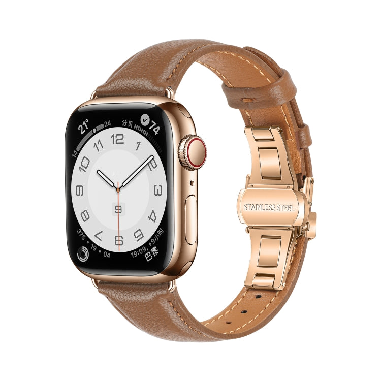 For Apple Watch SE 2022 40mm Plain Leather Butterfly Buckle Watch Band(Dark Brown+Rose Gold) by bashfashion