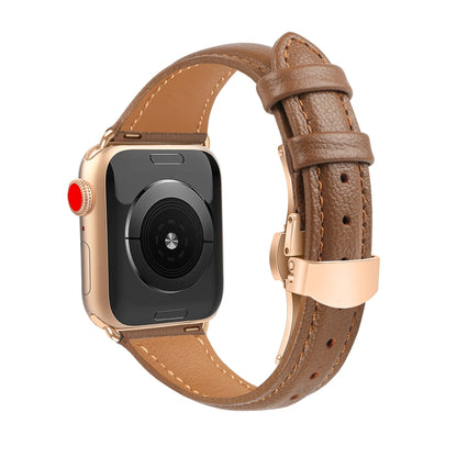 For Apple Watch SE 2022 40mm Plain Leather Butterfly Buckle Watch Band(Dark Brown+Rose Gold) by bashfashion