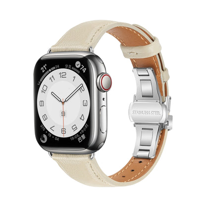 For Apple Watch SE 2022 44mm Plain Leather Butterfly Buckle Watch Band(Beige+Silver) by bashfashion