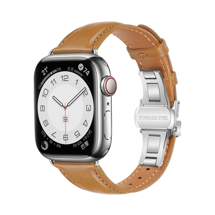 For Apple Watch Series 7 45mm Plain Leather Butterfly Buckle Watch Band(Brown+Silver) by bashfashion