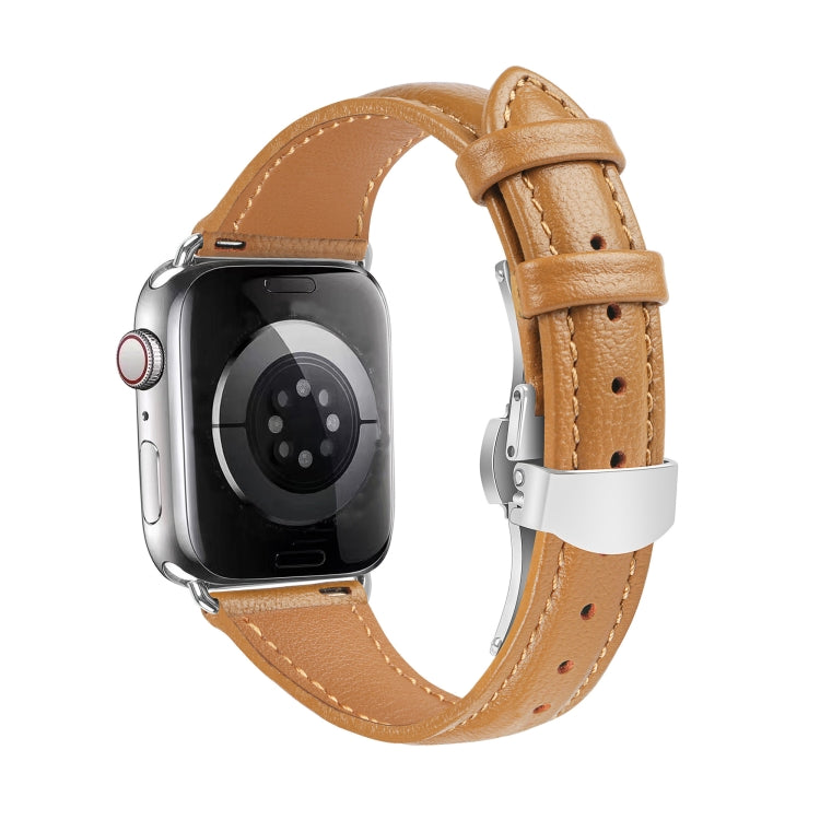 For Apple Watch Series 7 45mm Plain Leather Butterfly Buckle Watch Band(Brown+Silver) by bashfashion