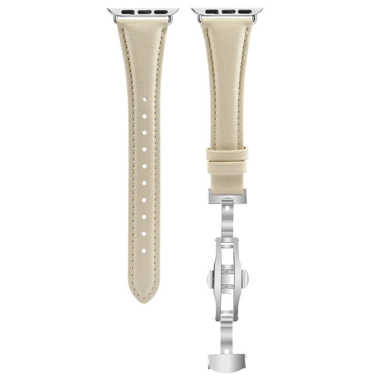 For Apple Watch Series 6 44mm Plain Leather Butterfly Buckle Watch Band(Beige+Silver) by bashfashion