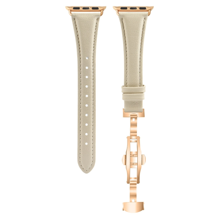 For Apple Watch Series 6 44mm Plain Leather Butterfly Buckle Watch Band(Beige+Rose Gold) by bashfashion