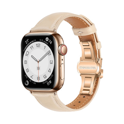 For Apple Watch Series 6 44mm Plain Leather Butterfly Buckle Watch Band(Apricot+Rose Gold) by bashfashion