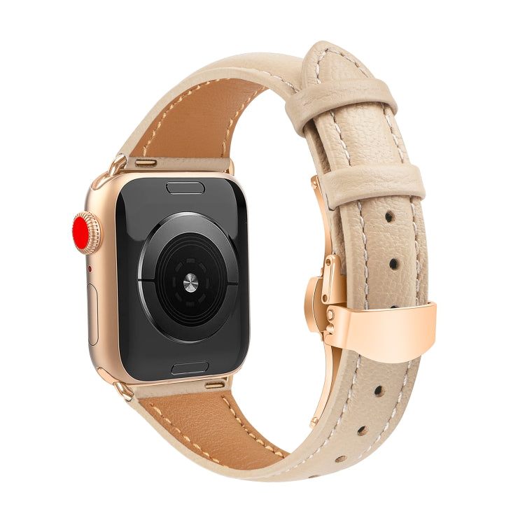 For Apple Watch Series 6 44mm Plain Leather Butterfly Buckle Watch Band(Apricot+Rose Gold) by bashfashion