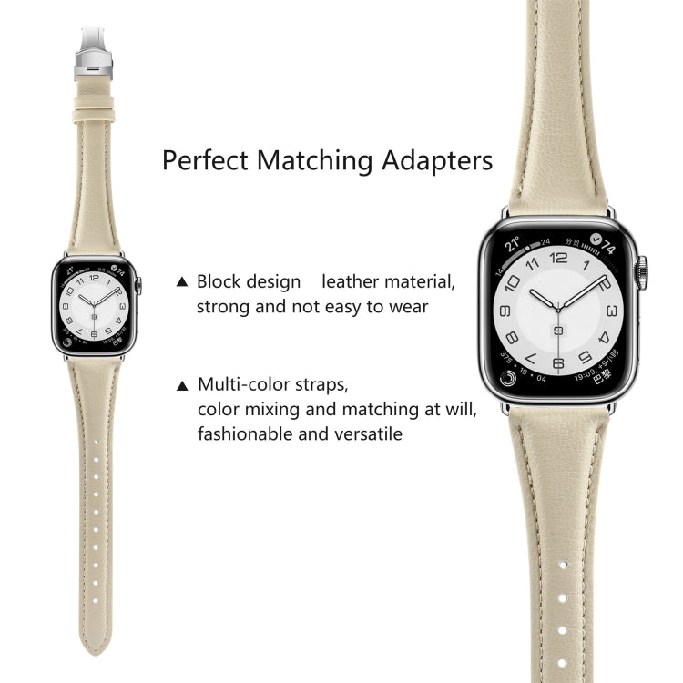 For Apple Watch Series 5 44mm Plain Leather Butterfly Buckle Watch Band(Beige+Silver) by bashfashion