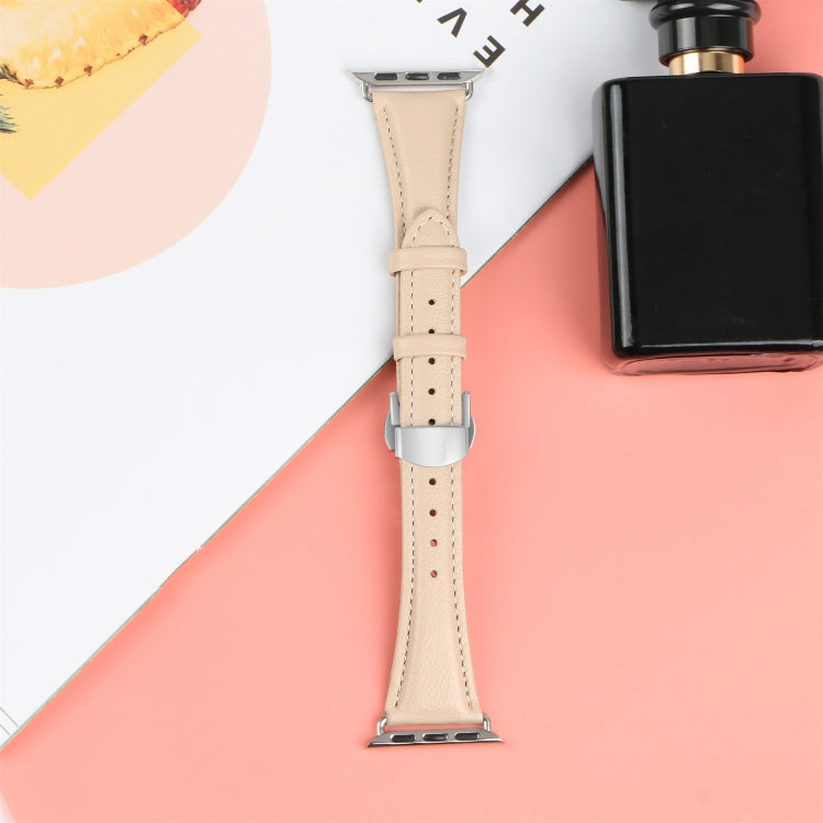 For Apple Watch Series 5 44mm Plain Leather Butterfly Buckle Watch Band(Apricot+Silver) by bashfashion