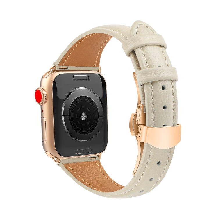 For Apple Watch Series 4 40mm Plain Leather Butterfly Buckle Watch Band(Beige+Rose Gold) by bashfashion
