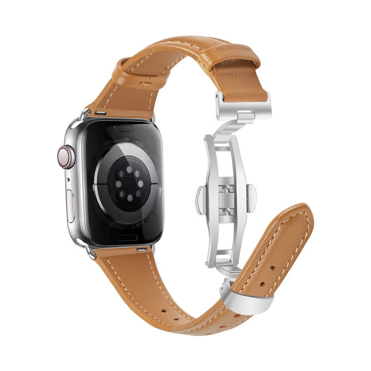 For Apple Watch Series 3 38mm Plain Leather Butterfly Buckle Watch Band(Brown+Silver) by bashfashion