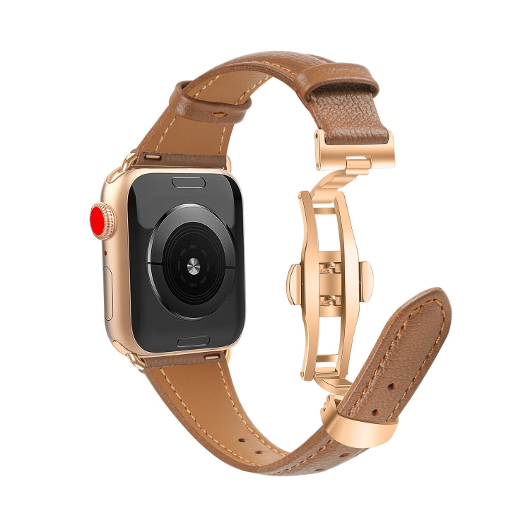 For Apple Watch Series 3 38mm Plain Leather Butterfly Buckle Watch Band(Dark Brown+Rose Gold) by bashfashion