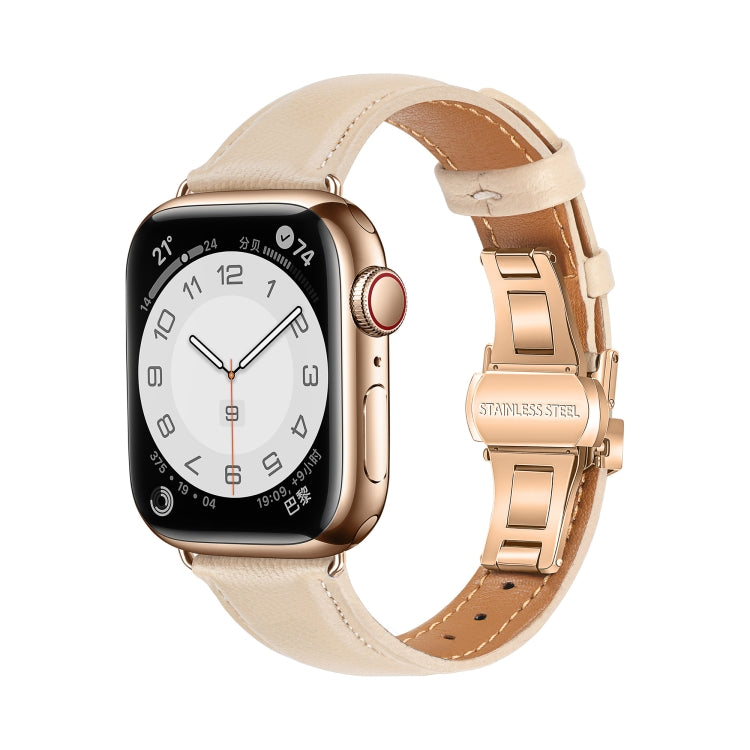 For Apple Watch Series 3 38mm Plain Leather Butterfly Buckle Watch Band(Apricot+Rose Gold) by bashfashion