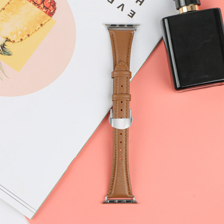 For Apple Watch Series 3 42mm Plain Leather Butterfly Buckle Watch Band(Dark Brown+Silver) by bashfashion
