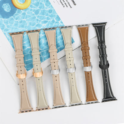 For Apple Watch SE 2023 40mm Plain Leather Butterfly Buckle Watch Band(Black+Black) by bashfashion