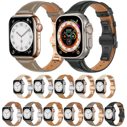 For Apple Watch Ultra 49mm Plain Leather Butterfly Buckle Watch Band(Apricot+Silver) by bashfashion