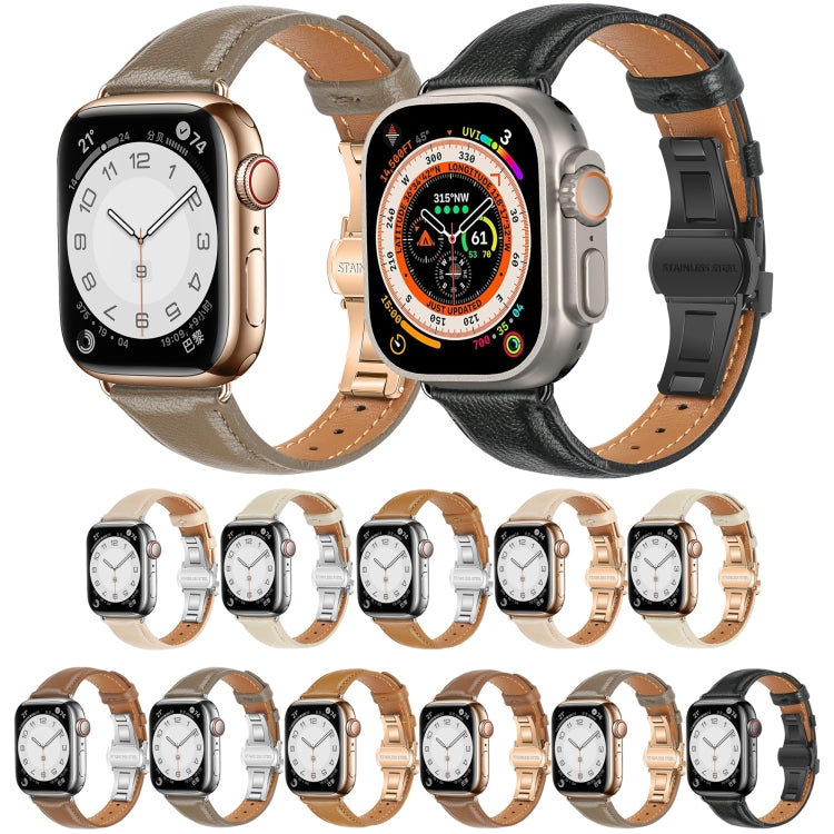 For Apple Watch Series 3 38mm Plain Leather Butterfly Buckle Watch Band(Apricot+Rose Gold) by bashfashion