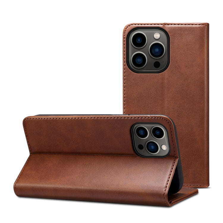 For iPhone 15 Pro Suteni Calf Texture Horizontal Flip Leather Phone Case(Brown) by Suteni